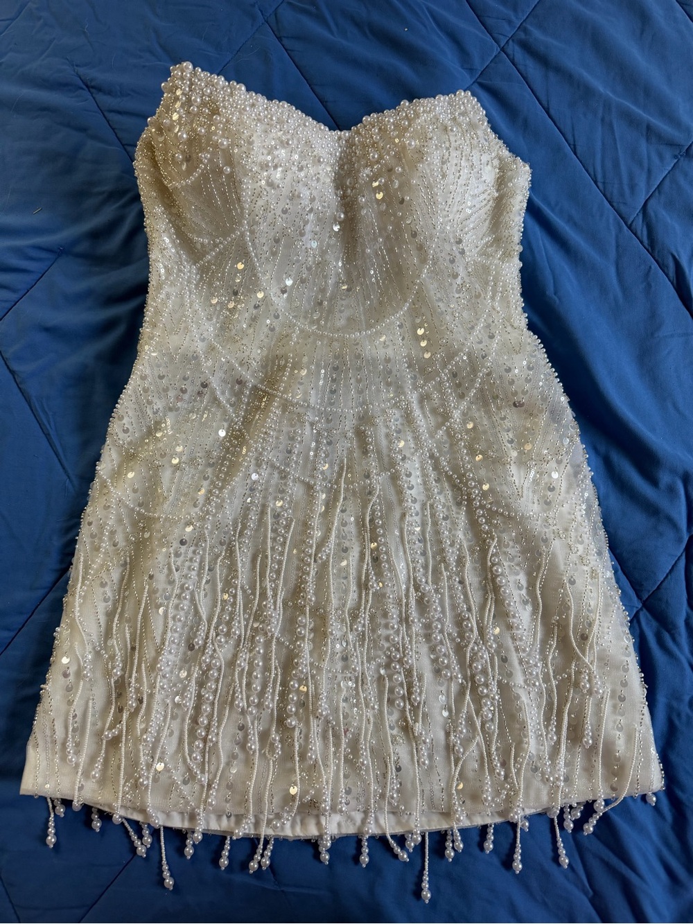 Strapless Beaded Ivory Mini Dress - Picture 3 of 6